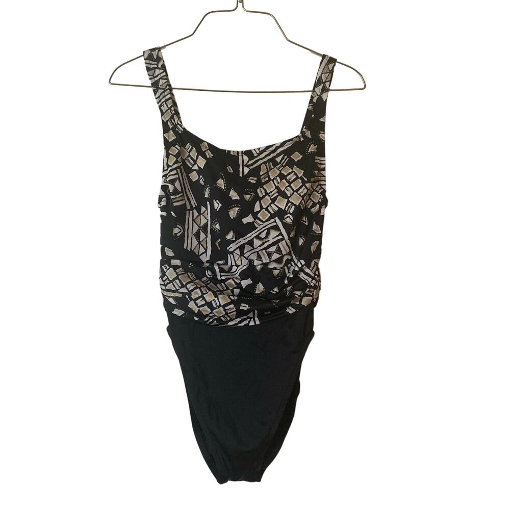 Vintage Marigo Union Made‎ black brown geometric one piece Swimsuit Size 10